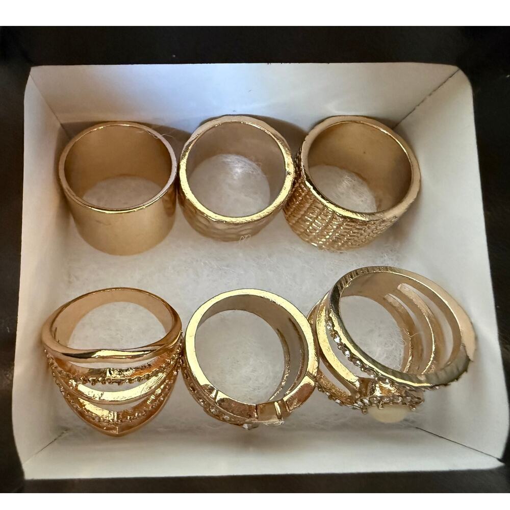 Gold Geometric Ring Set Textured Band Cutout Rhinestone Stacking Rings - Picture 10 of 11